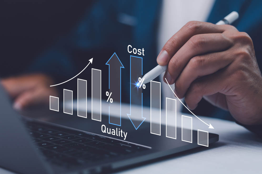 A chart with quality improving and cost decreasing as an illustration of cost optimization.