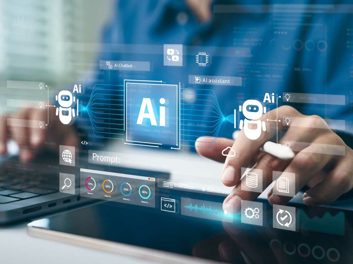 A person types on a laptop surrounded by holographic AI icons and graphs, depicting advanced technology and innovation in artificial intelligence.