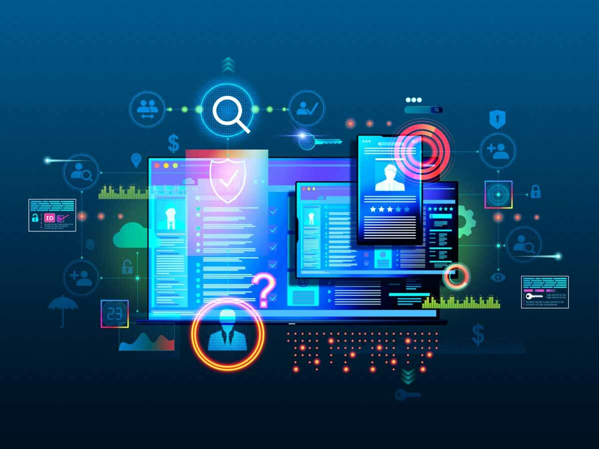 Abstract digital illustration of glowing computer screens and data icons on a blue background, conveying a sense of technology and cybersecurity.