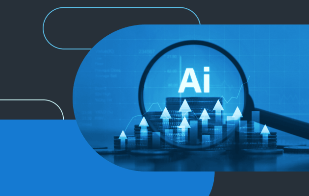 A magnifying glass focuses on stacked coins with upward arrows and the text "AI" on a digital blue background, symbolizing AI-driven financial growth.