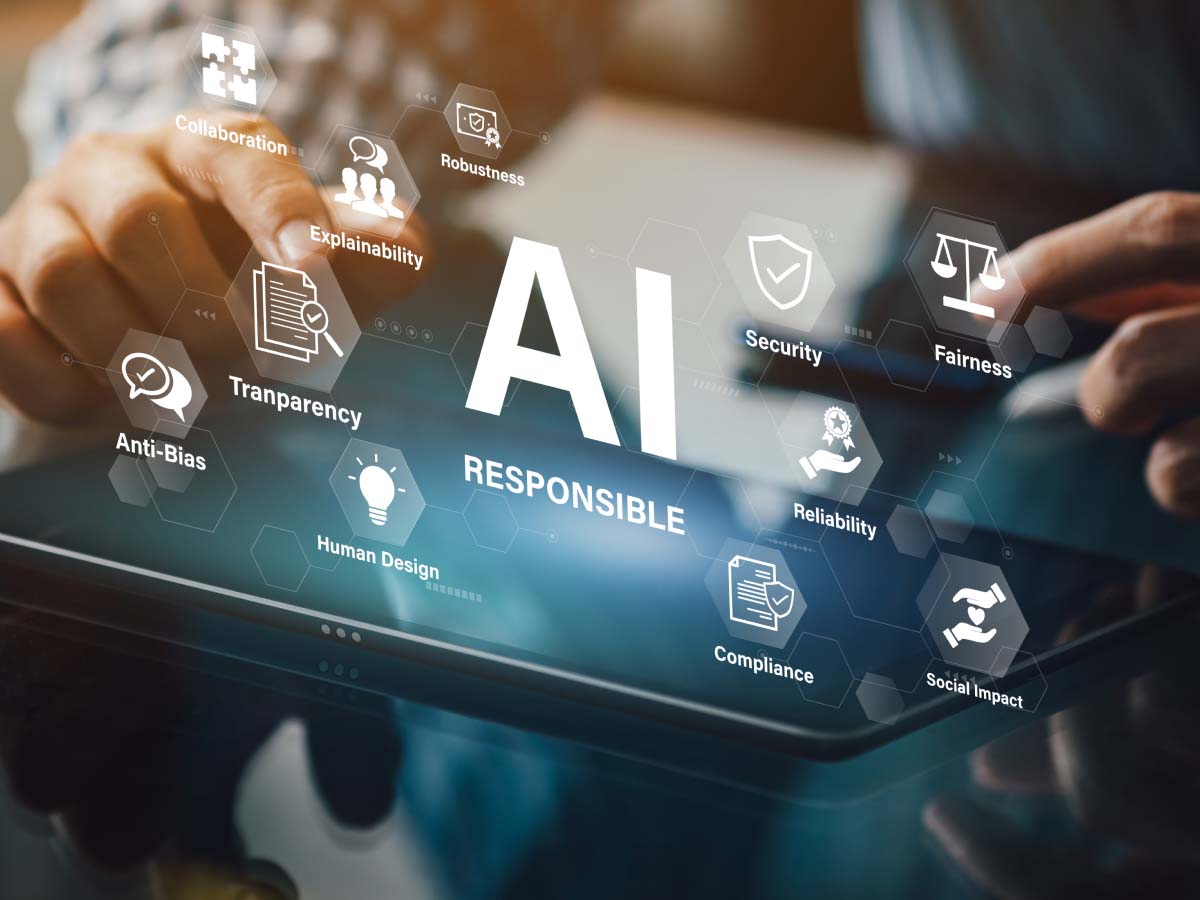 Icons representing AI transparency, compliance, security, and collaboration.