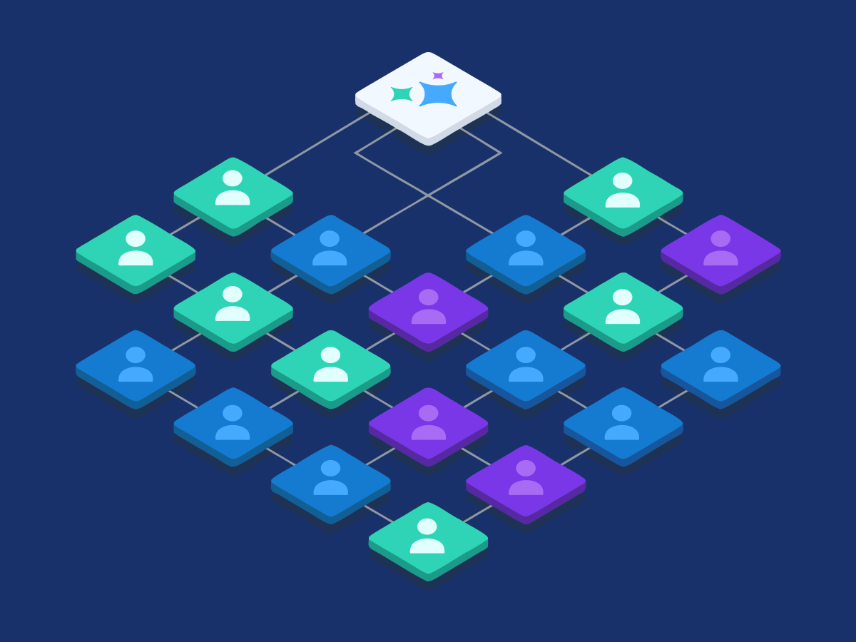 Isometric network diagram with colorful user avatar tiles linked beneath a white top platform, suggesting a connected team hierarchy on a dark blue background.