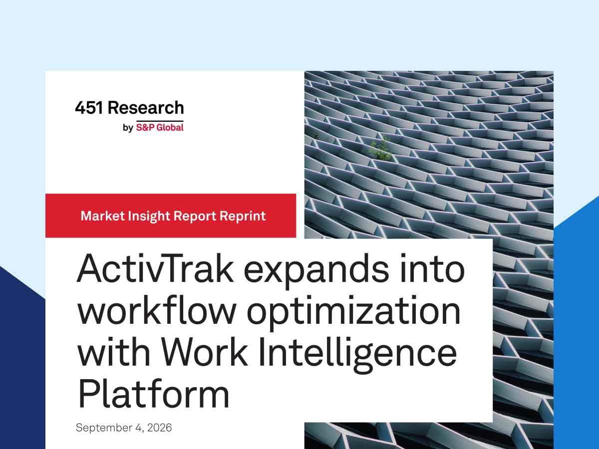 451 Research by S&P Global report cover with red banner and geometric tile image, titled “ActivTrak expands into workflow optimization.”