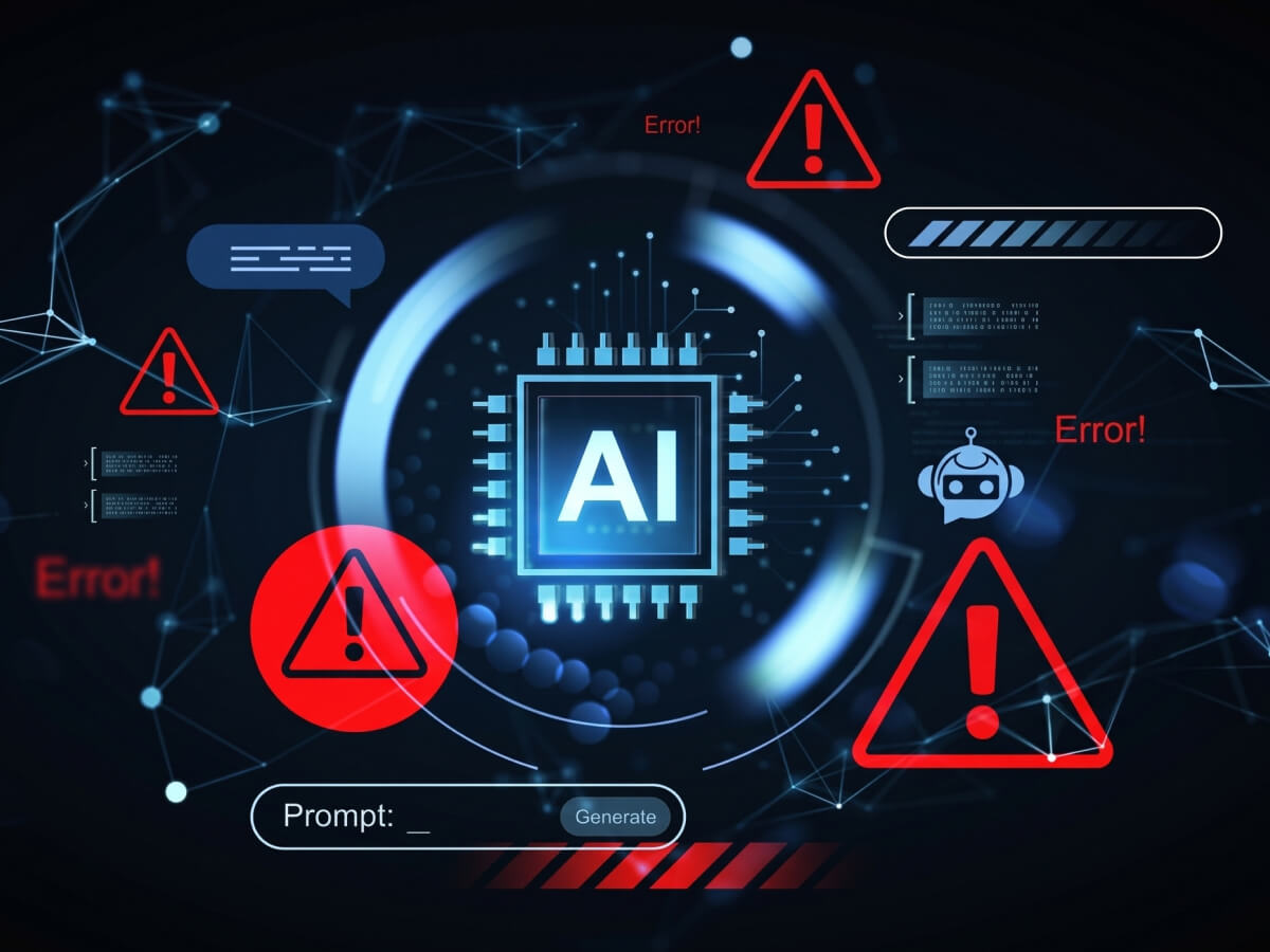 A dark digital technology graphic centered on a glowing blue microchip labeled "AI," surrounded by red warning triangles, "Error!" text, a robot icon, and a prompt input field at the bottom.