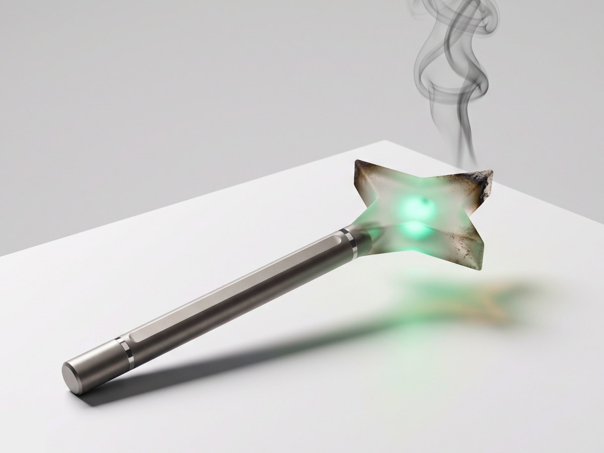 A metallic magic wand with a burnt, glowing green star tip emitting smoke on a white surface, representing AI adoption fatigue.