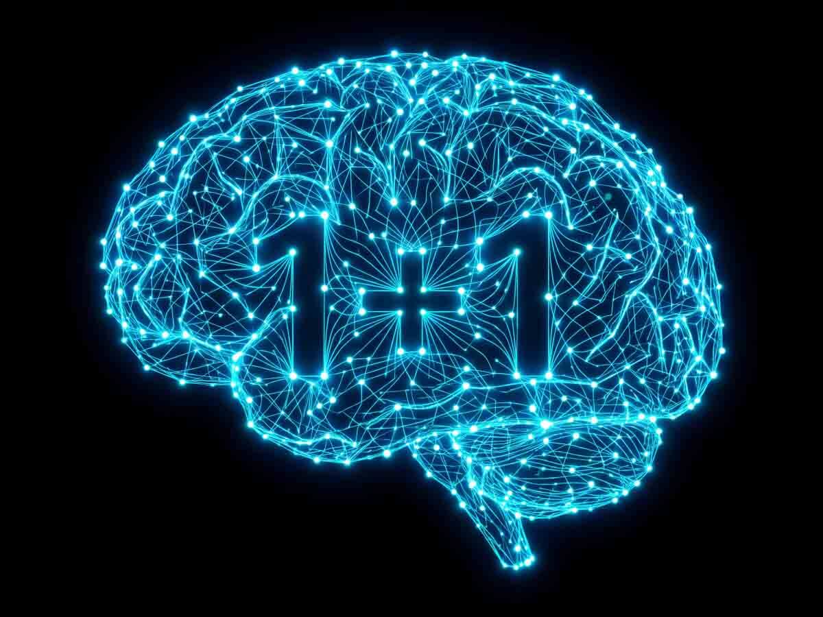 A glowing blue digital brain structure made of interconnected network nodes on a black background, displaying 