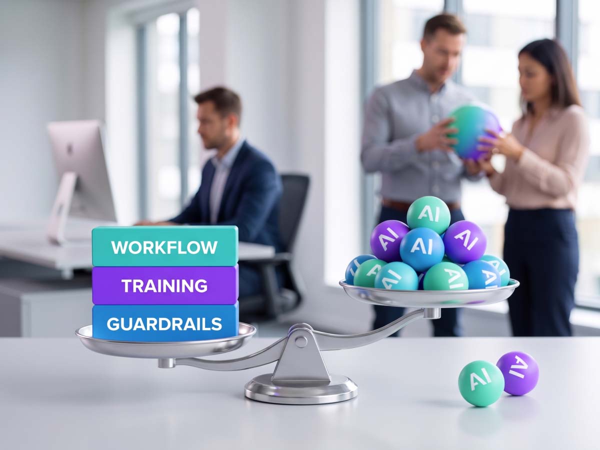 Balance scale with AI spheres on one side and Workflow, Training, and Guardrails blocks on the other.