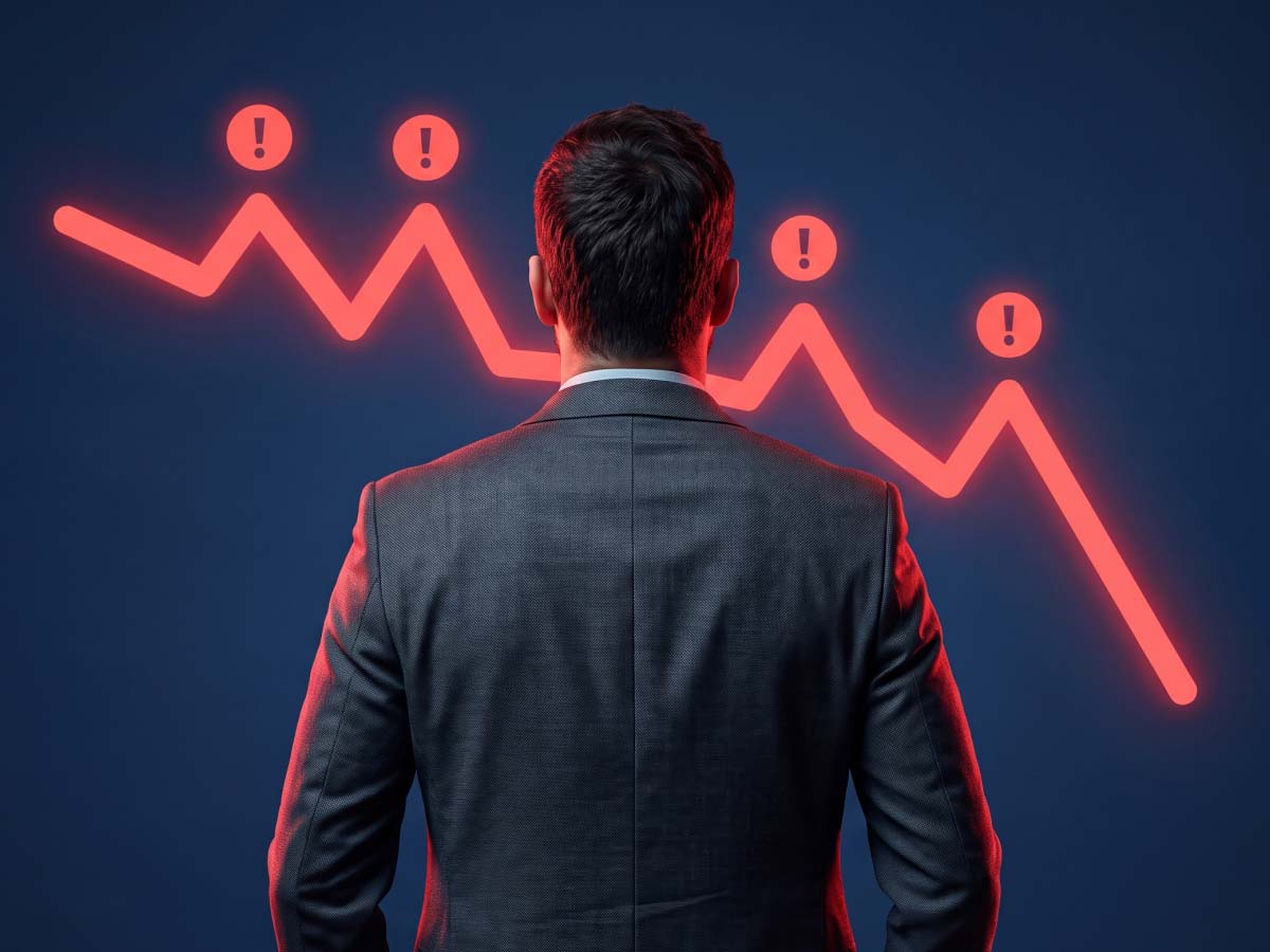 A businessman viewed from behind facing a declining red line graph with exclamation point warning icons above each peak, set against a dark blue background.