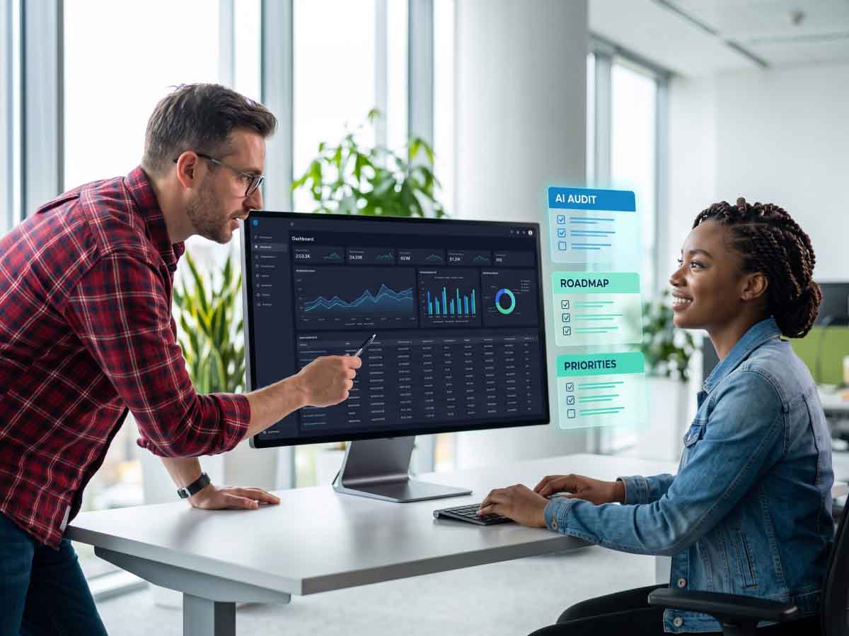 Two colleagues review a data dashboard and AI audit roadmap on a desktop screen in a modern office.