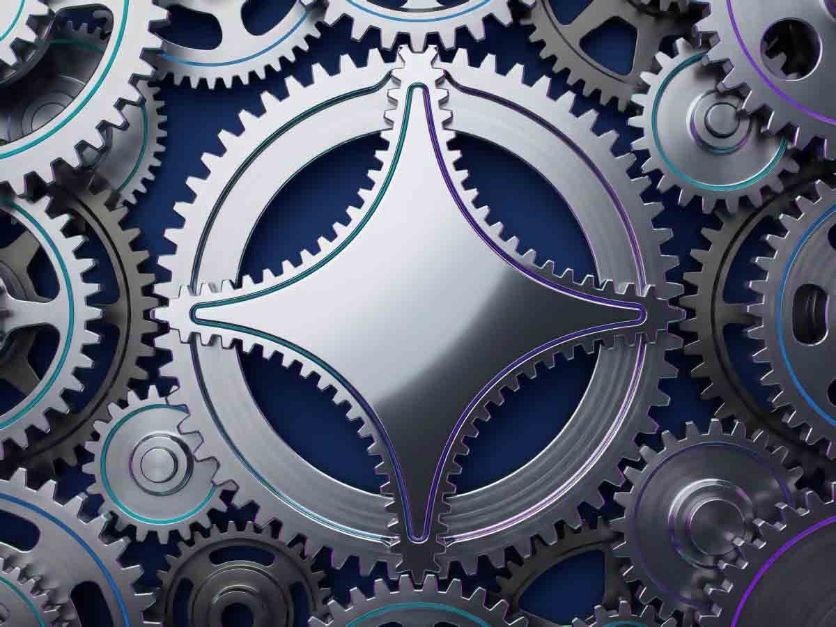 Interlocking metallic gears surrounding a four-pointed star gear, symbolizing aligned AI adoption and operational growth.