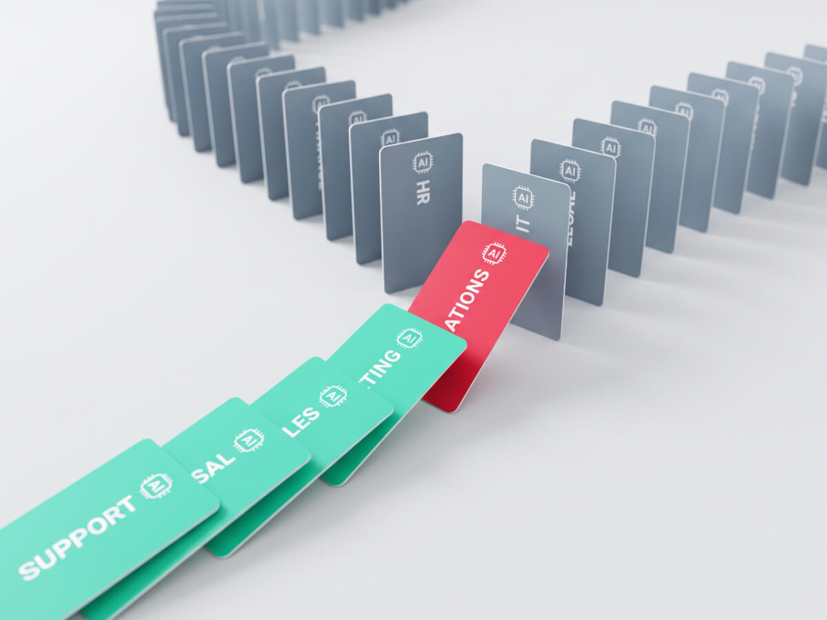 Row of dominoes labeled with business departments illustrating a domino effect when scaling AI.
