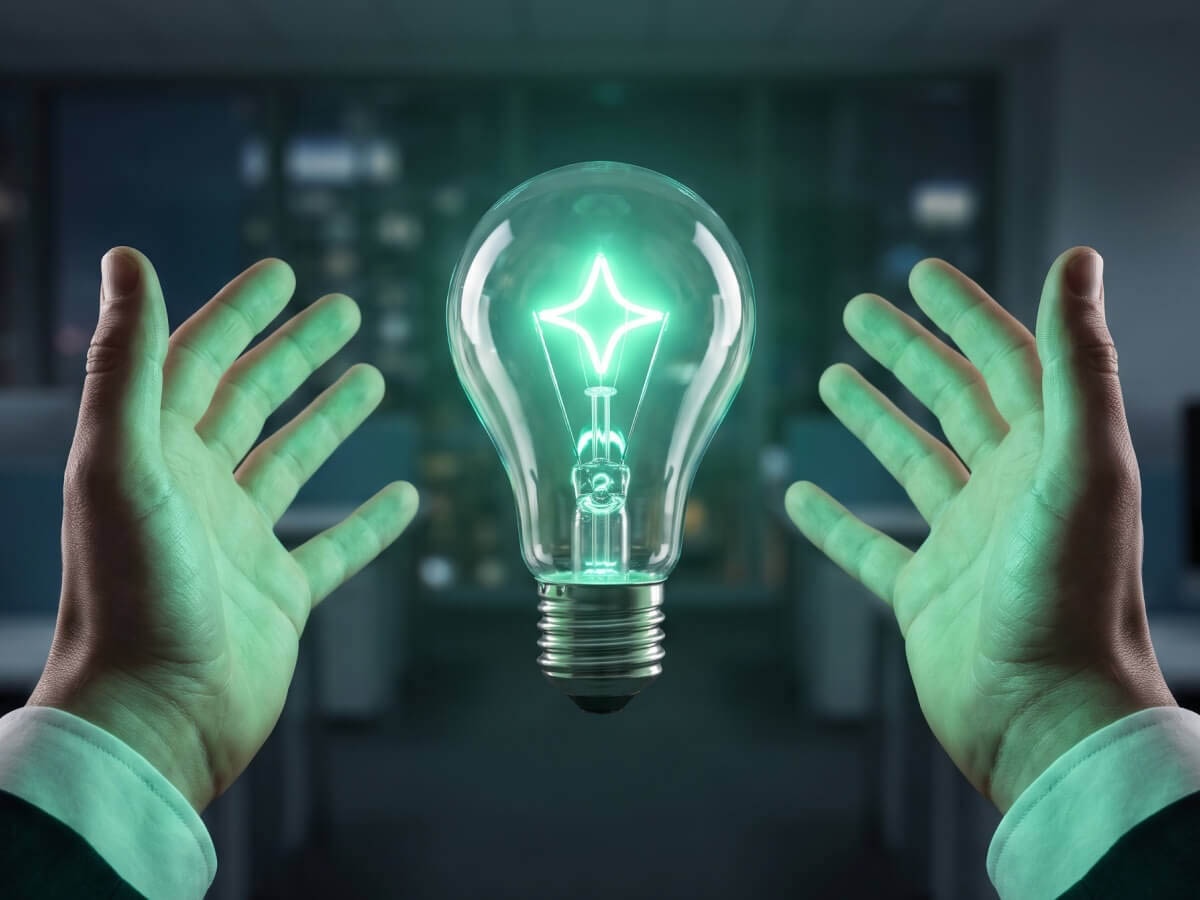 Primary SEO Alt Text (Recommended) Hands cupping a glowing green light bulb with a star-shaped filament, symbolizing a work intelligence program and innovation strategy.