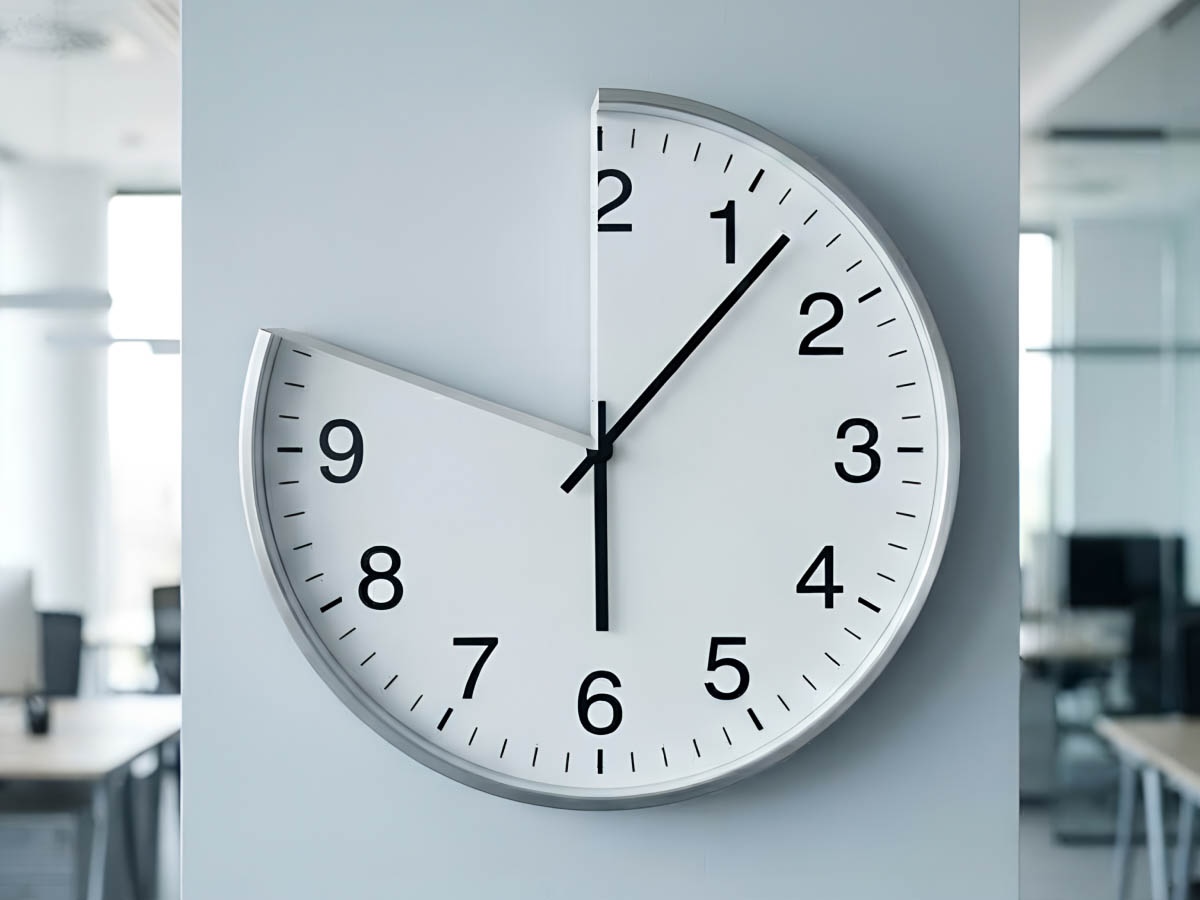 A white wall clock hanging in an office, with a missing top-left section between 9 and 12 illustrating AI time saved.