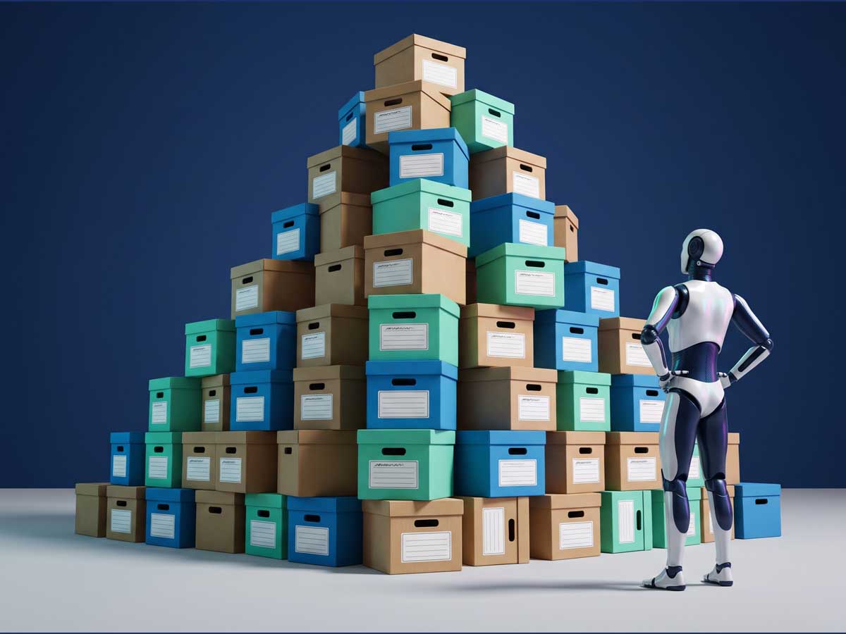 A humanoid robot stands hands-on-hips beside a towering pyramid of labeled cardboard boxes in blue, green, and tan, suggesting organized storage and logistics.