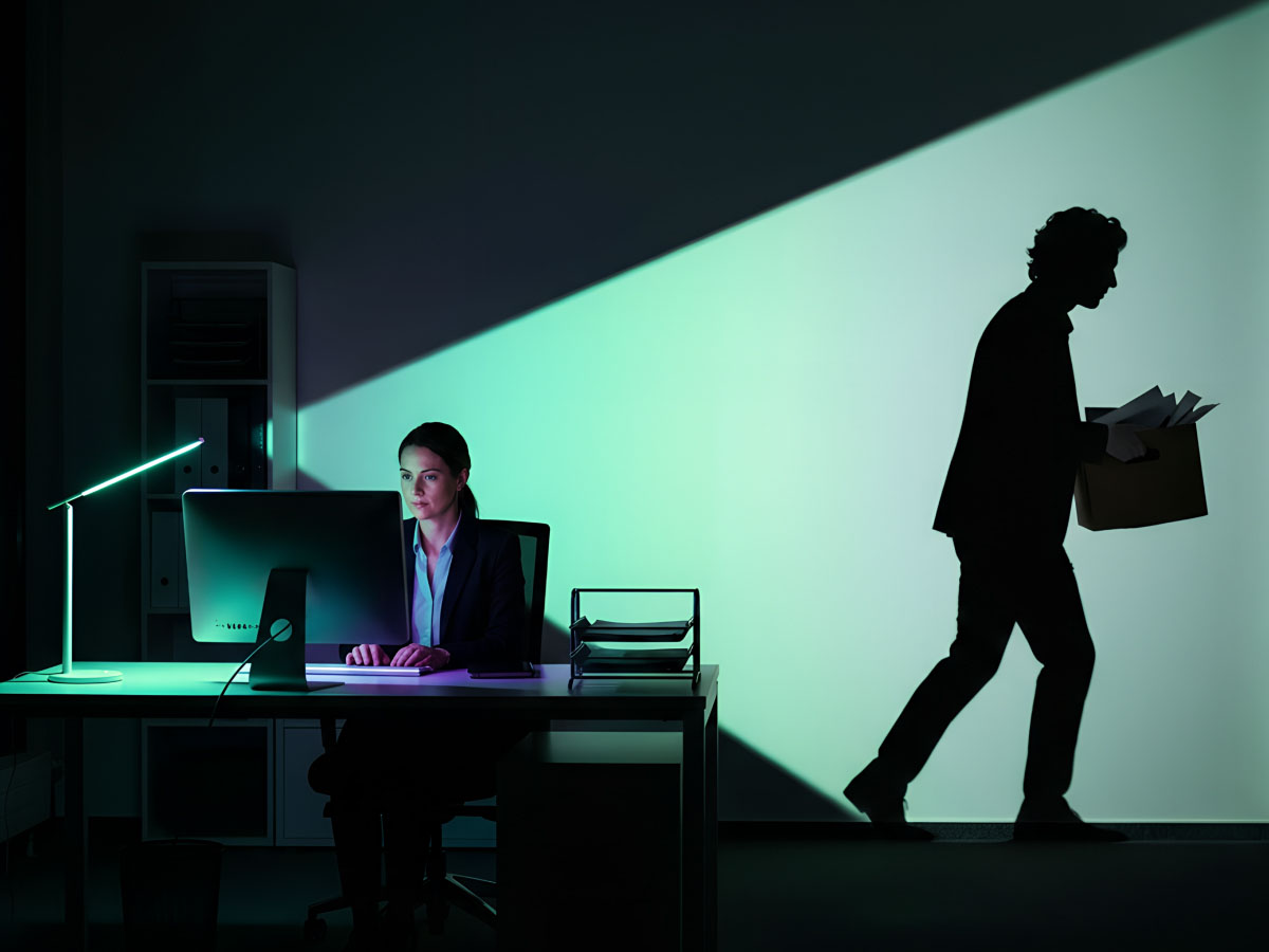 A woman working at a computer desk while a shadow of a person carrying a box is projected on the wall, representing shadow AI and workplace role transition.